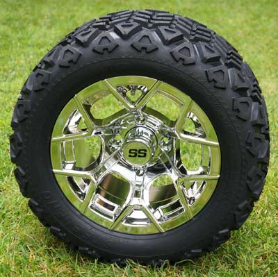 12" CHROME RALLY WHEELS/RIMS and 20" DOT ALL TERRAIN TIRES (Set of 4)